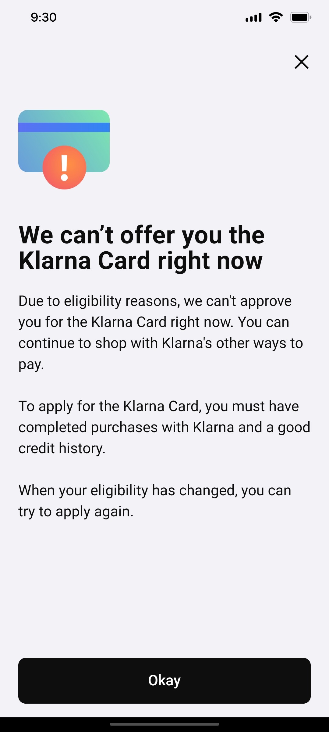Klarna Okay page Screen