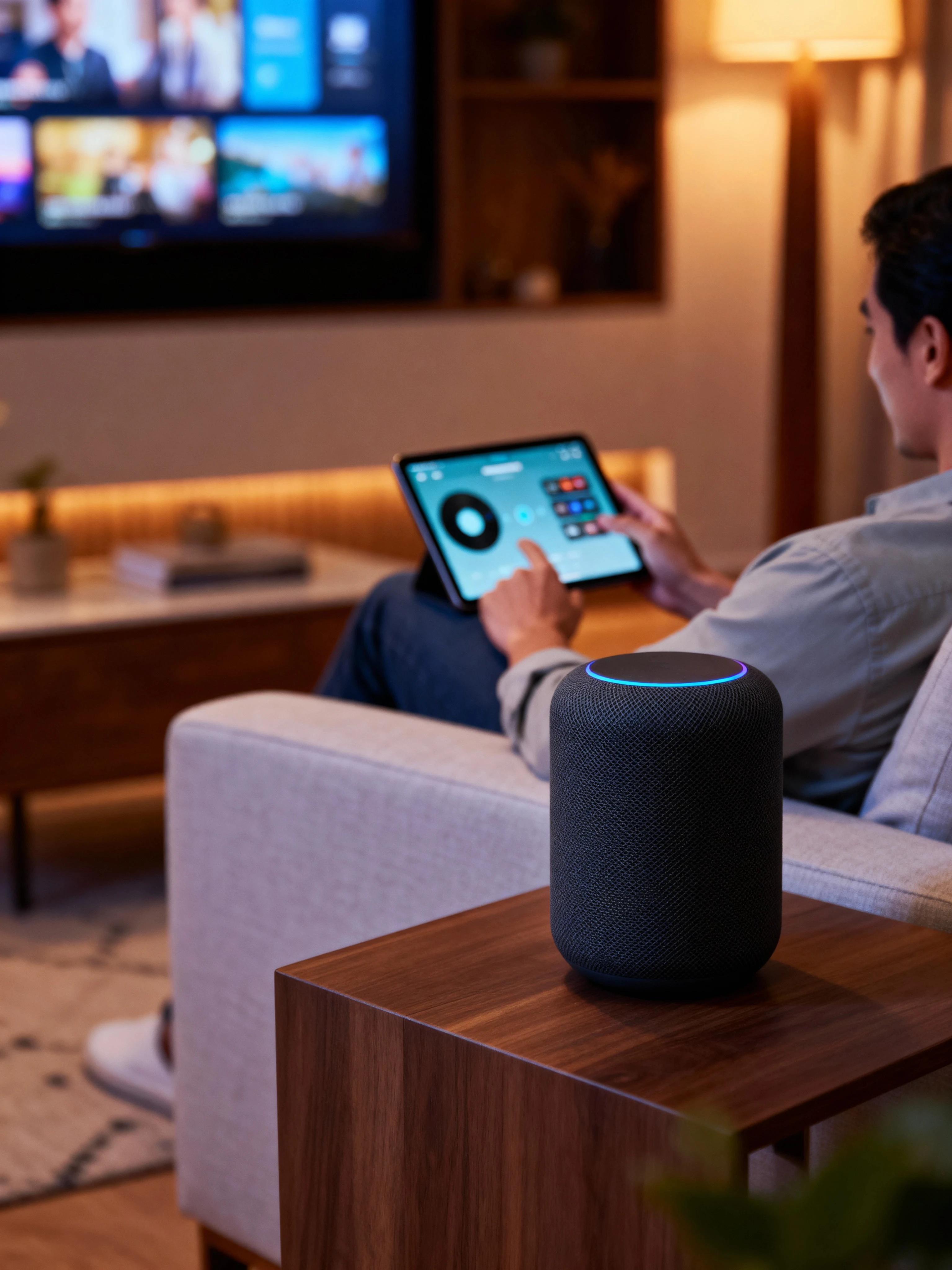 Person sitting on a couch interacting with a tablet displaying a bright blue graphic.
