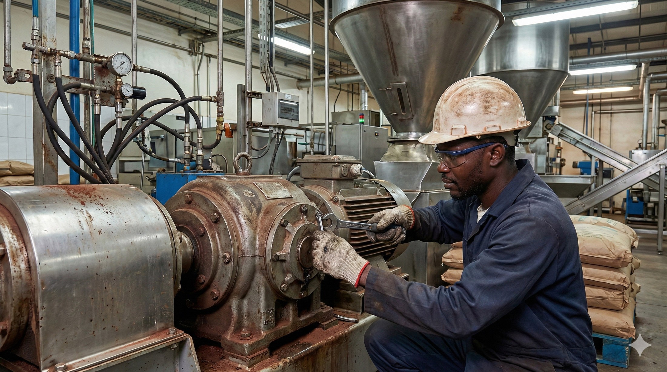 Un ouvrier effectuant la maintenance d'une machine dans une usine