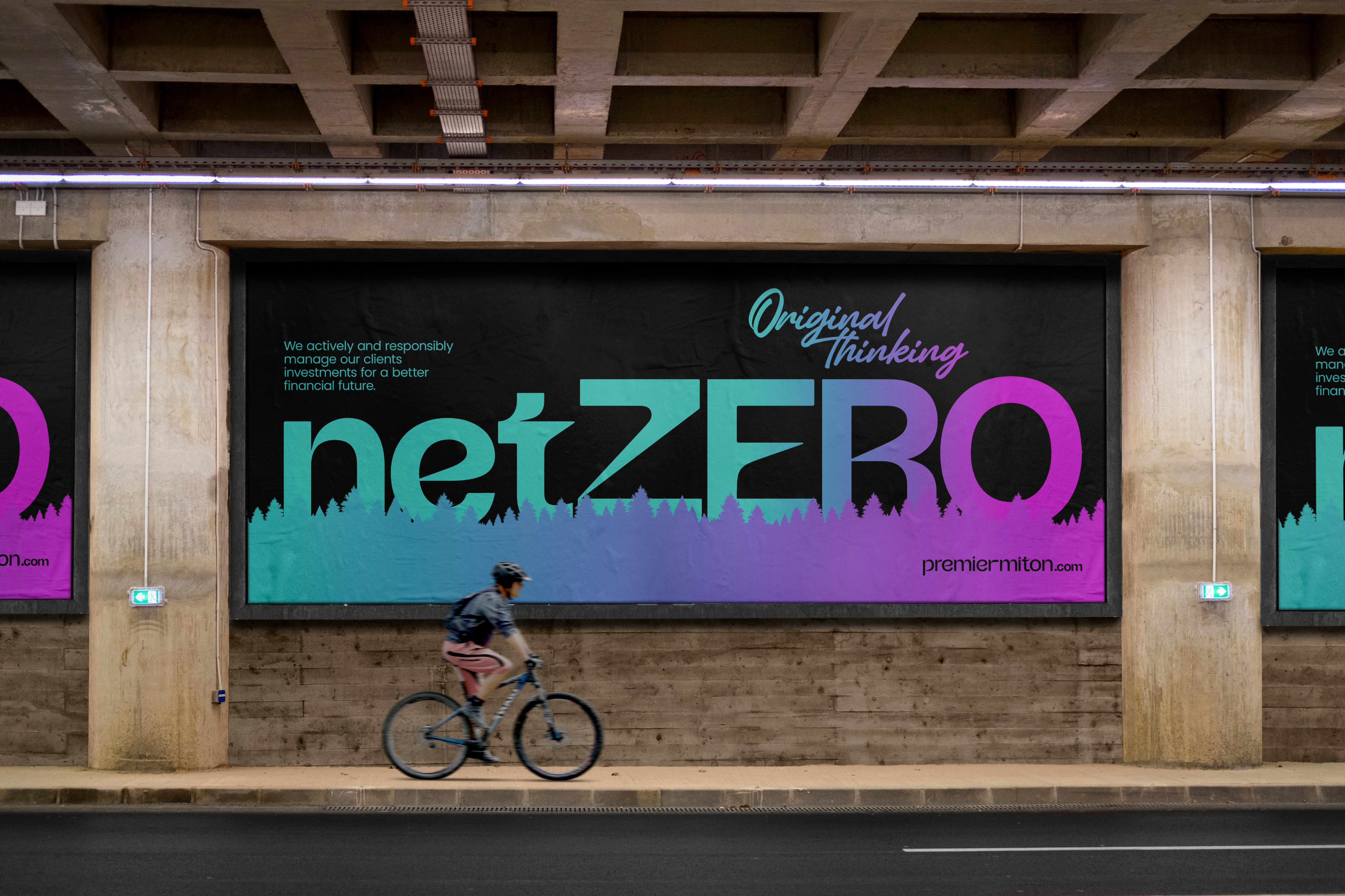 Large scale billboard showcasing the Premier Miton brand identity with large lettering.