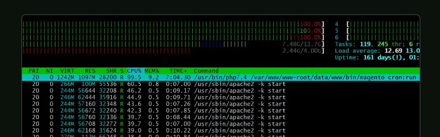 Magento 2 server overload in htop: high CPU, load average 12.69, runaway cron job