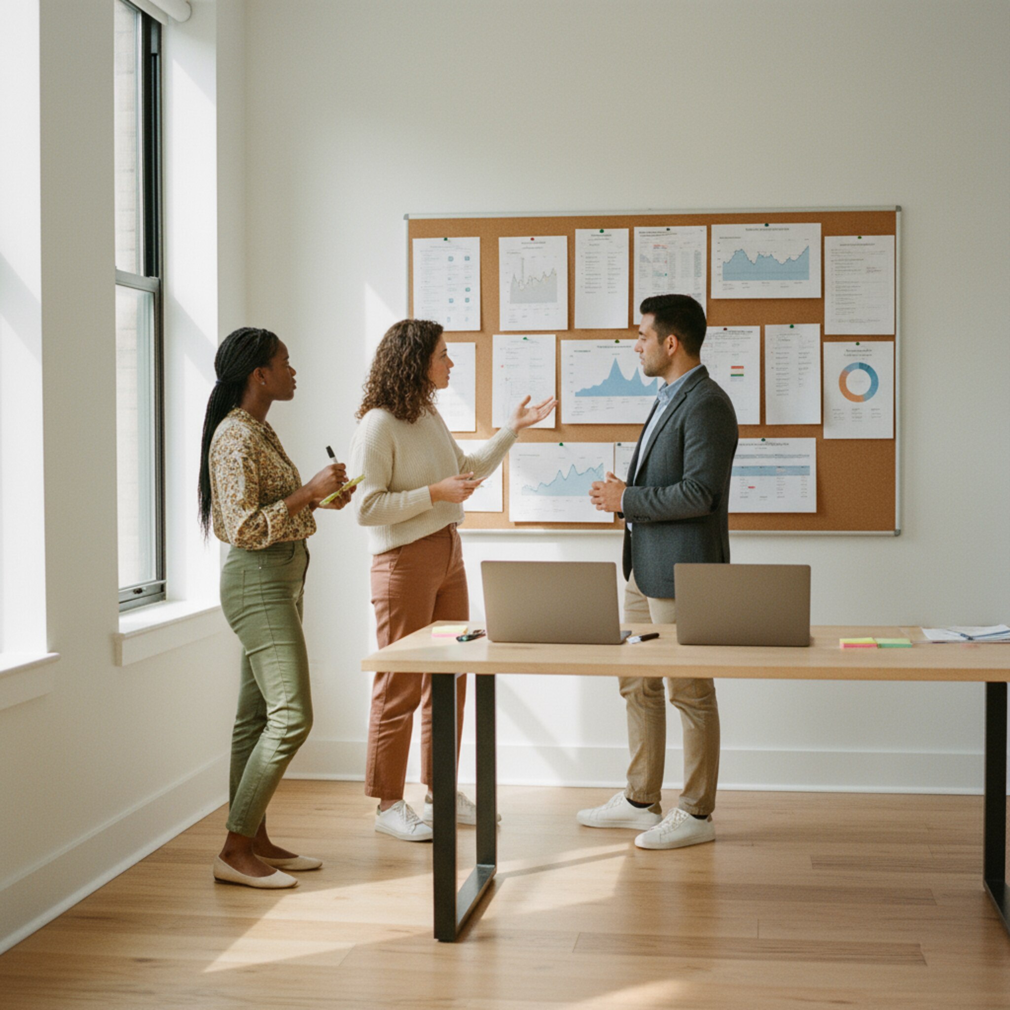 Ein helles Projektbüro mit Pinnwand, an der mehrere sauber gedruckte Auslastungsgrafiken hängen. Ein kleines Team zeigt auf Peak-Zeiten und diskutiert ruhig. Die Szene vermittelt Transparenz, Kooperation und handfeste Entscheidungsgrundlagen.