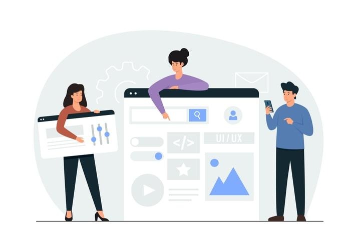 The image depicts a diverse product development team engaged in analyzing user experience data and interface designs, emphasizing the importance of customer feedback and market research in the product development process. They are collaborating to identify user needs and optimize the product roadmap for future market success.