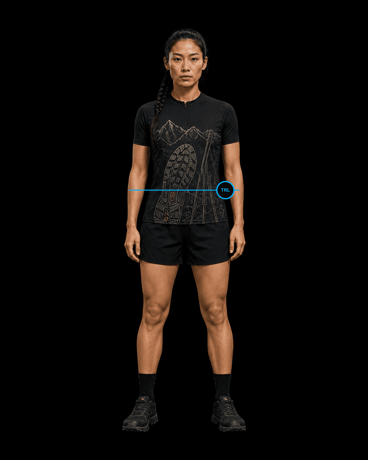 Front view of a female trail runner wearing the black Valkyrie Formation trail-running kit concept with an engraved lugged trail shoe, poles and alpine ridgeline.