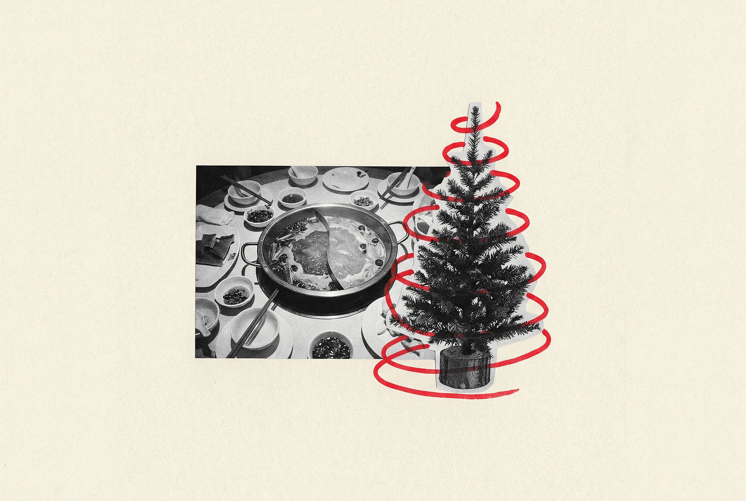 A black-and-white overhead photograph of a hotpot table, a divided pot surrounded by small bowls, beside a cut-out of a small potted Christmas tree wrapped in a red hand-drawn line.