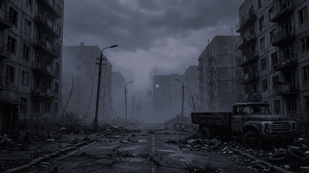 Concept art — dimly lit 1990s European town, crumbling buildings, twilight atmosphere