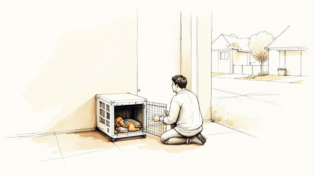 A man kneels before an open dog crate with a puppy lying inside, ready for relocation.