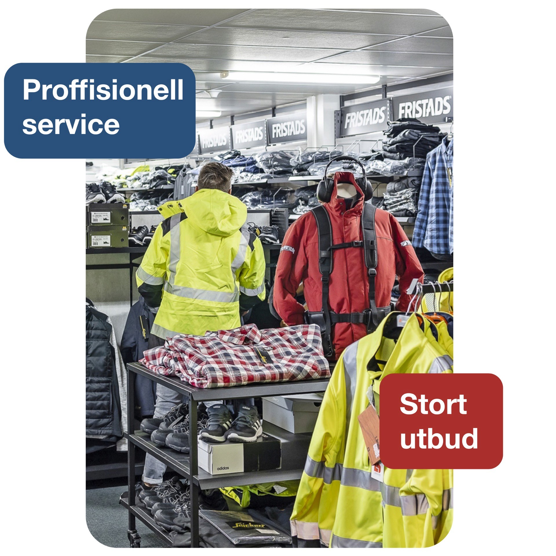Kund granskar arbetskläder och varselkläder i 4Signs butik, brett utbud av profilprodukter.