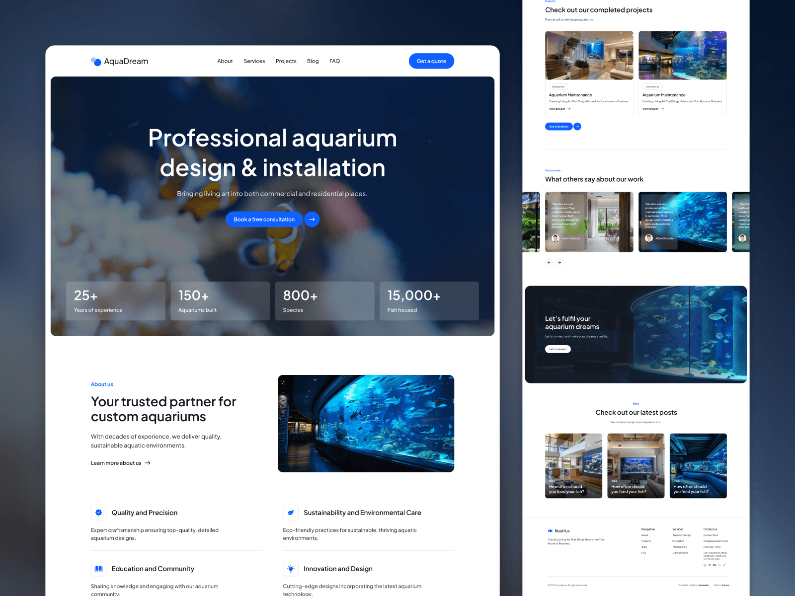 Multi-page overview of Aquadream template showing homepage, services, and contact page layouts
