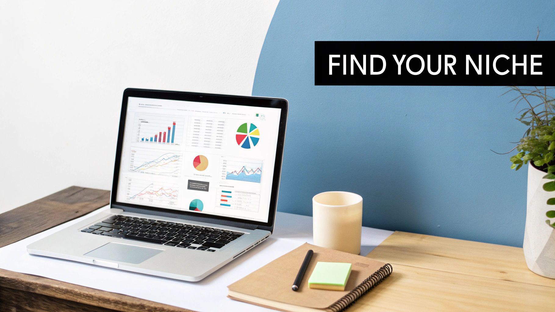 A woman is thinking about her niche while sitting in front of a laptop