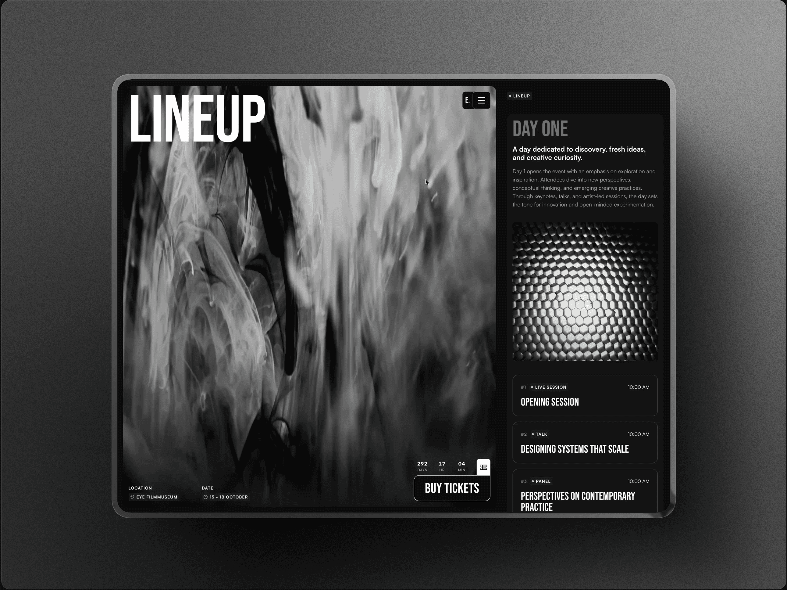A clean mockup of Eventio template, over a dark gradient