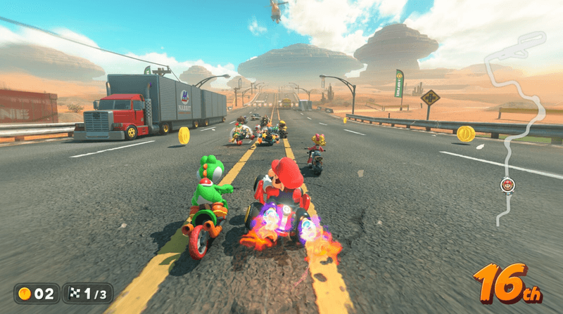 Screenshot Mario Kart World Switch 2 – circuit désertique avec boost de vitesse et effets lumineux sur KeyVerse Gaming