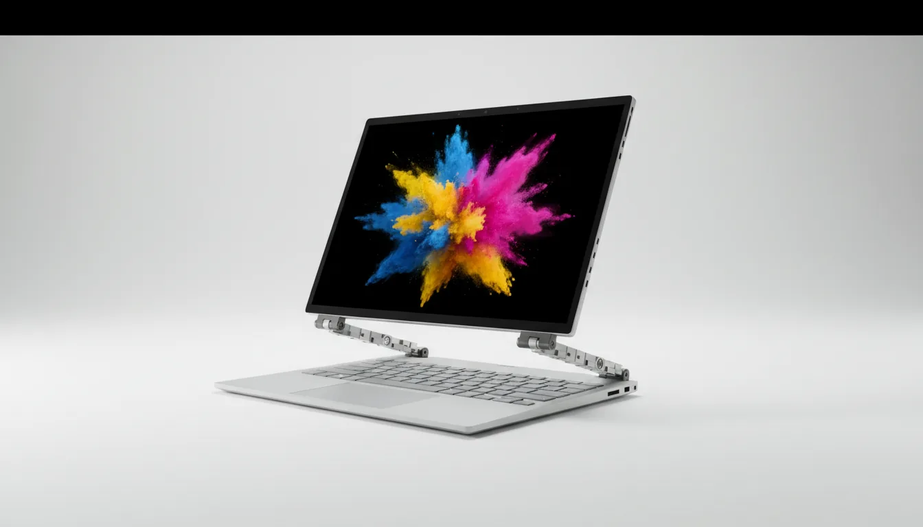 DSLR product photography of a light silver Microsoft Surface Book laptop, positioned at a three-quarter angle on a seamless pure white background. The screen is dramatically detached and levitating just above the keyboard base, revealing the hinge connectors. The device is under soft studio lighting, creating gentle shadows. The screen displays a vibrant, high-resolution wallpaper of a colorful powder explosion with blues, yellows, and pinks against a black backdrop. The entire product is in sharp focus.