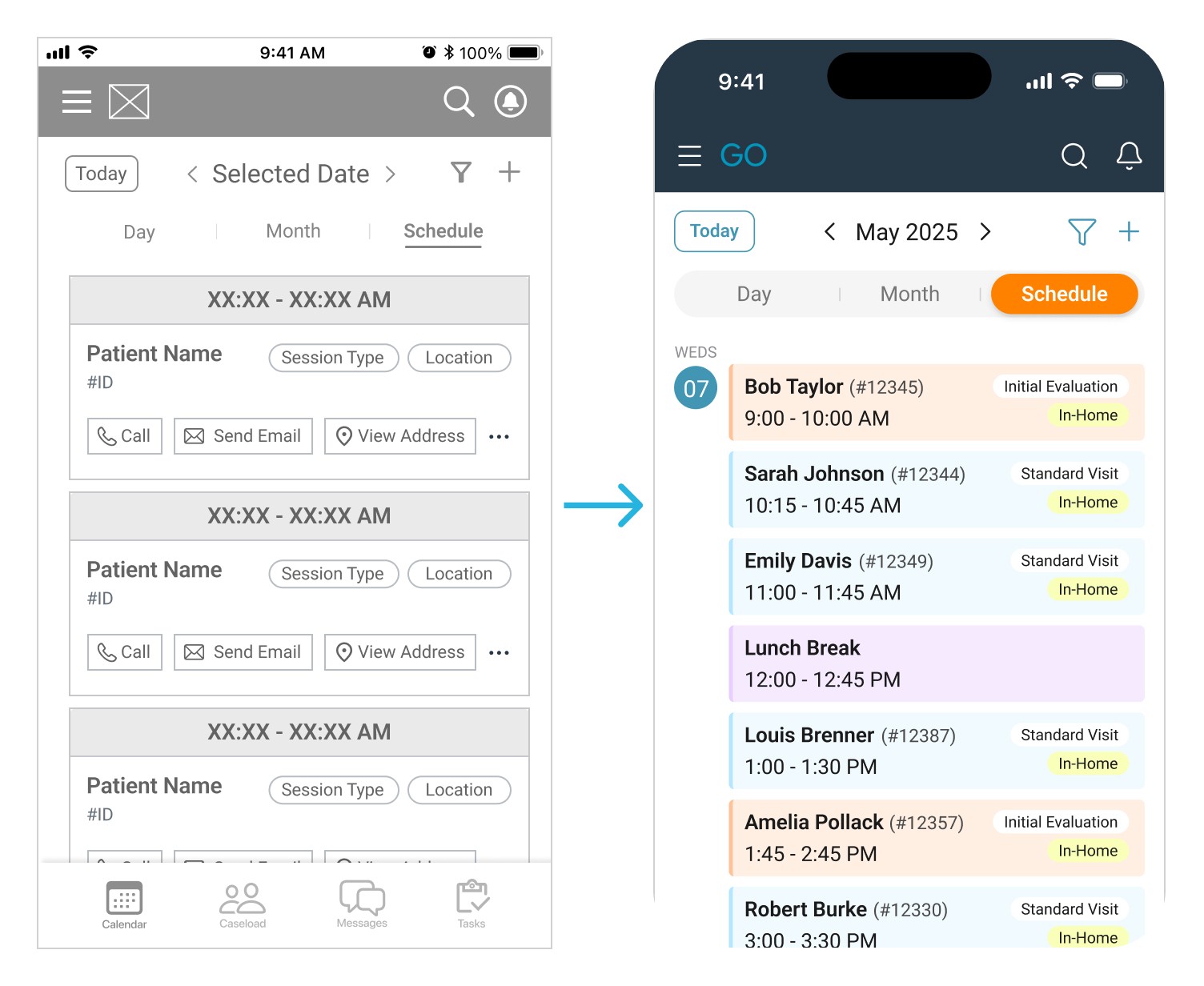Image showing progression from mid-fidelity schedule view to hi-fidelity schedule view