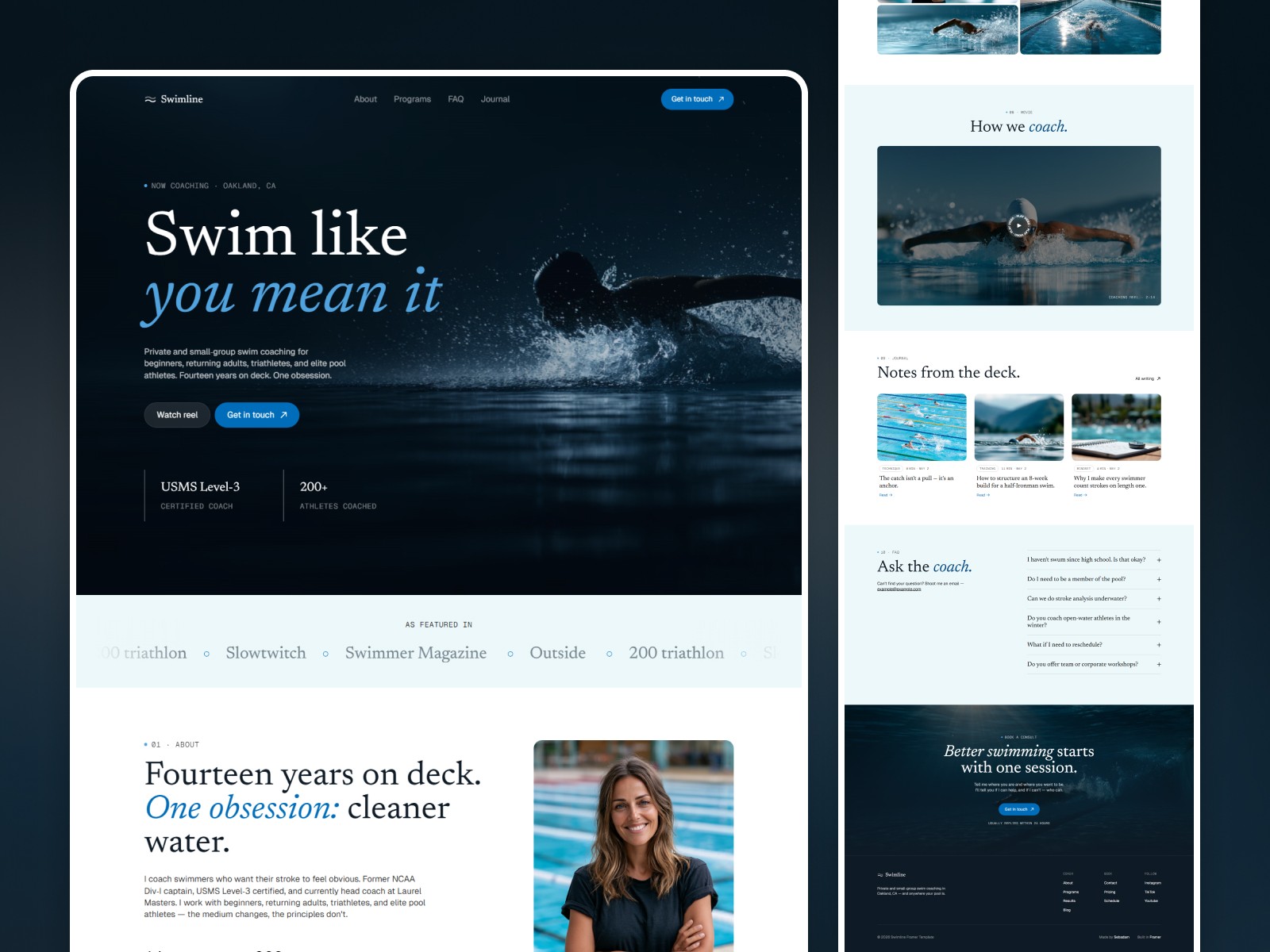 Swimline Framer template – full page preview showing homepage, about section, programs, testimonials, and journal