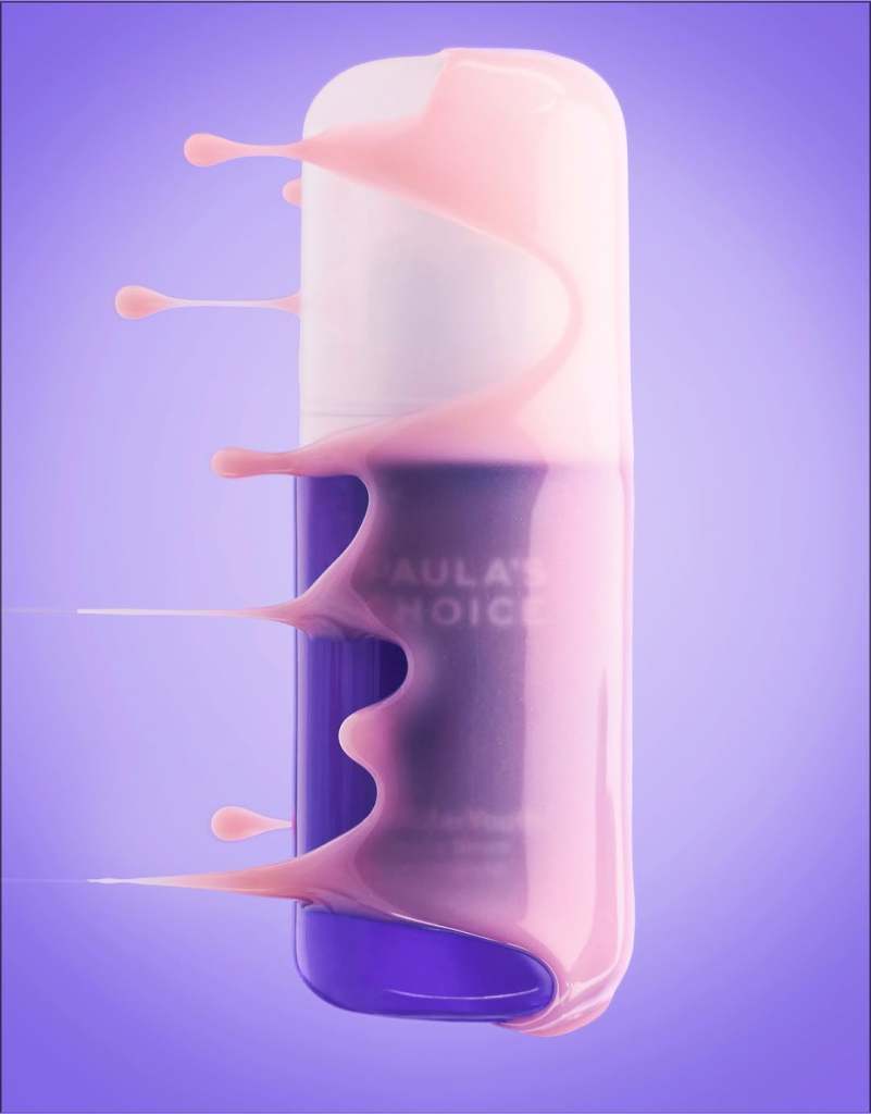 A bottle of skincare product with dripping pink liquid, set against a purple background.