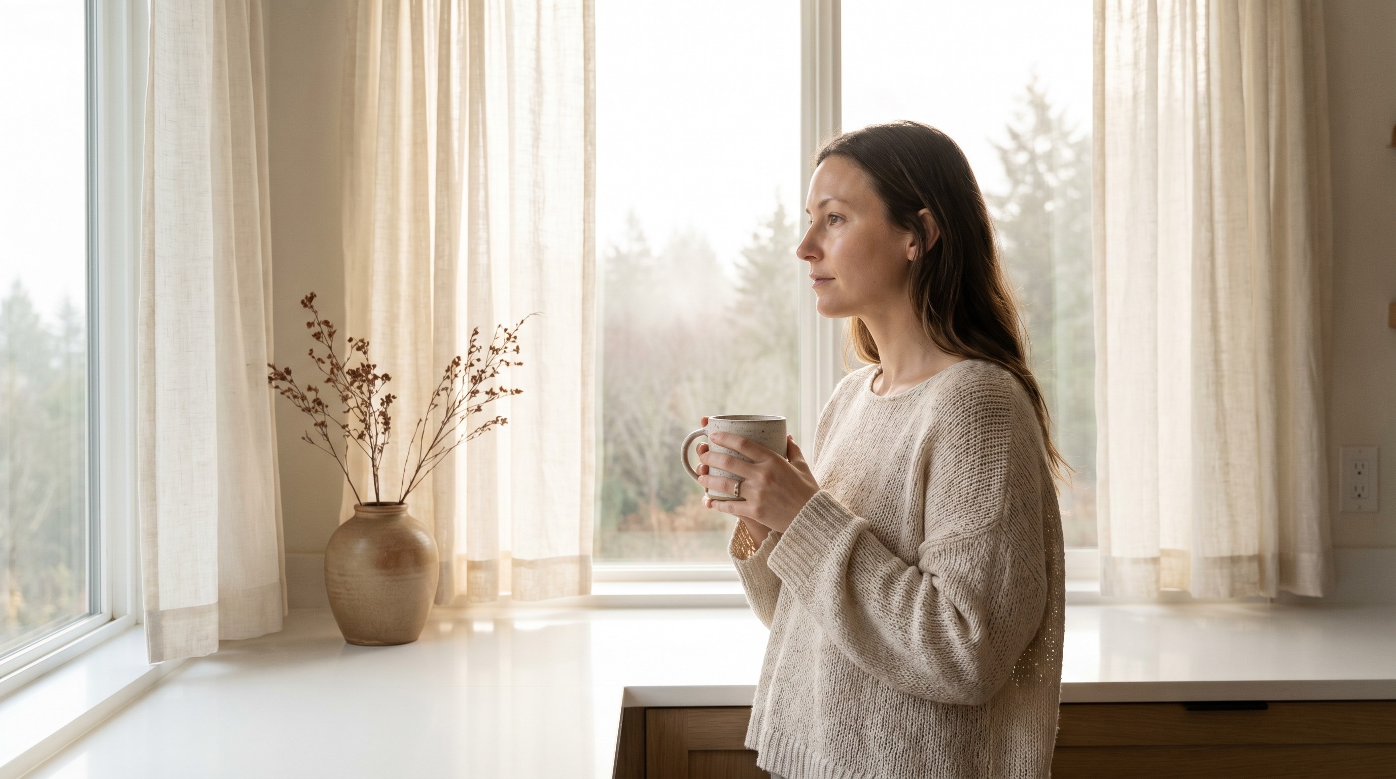 Woman in soft morning light at a minimalist kitchen window holding a mug, calm and reflective mood