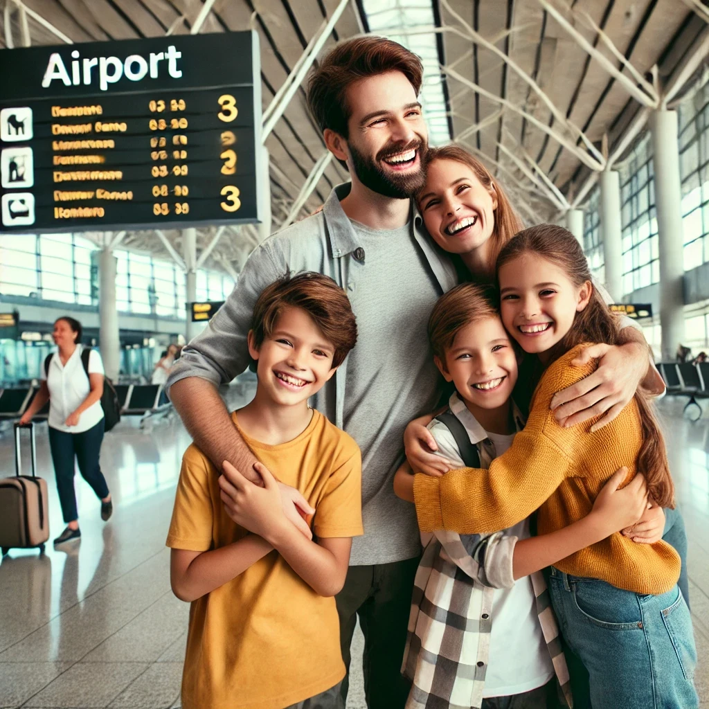 Family happily reuniting at the airport, symbolizing the successful arrival of K2 visa holders in the United States.