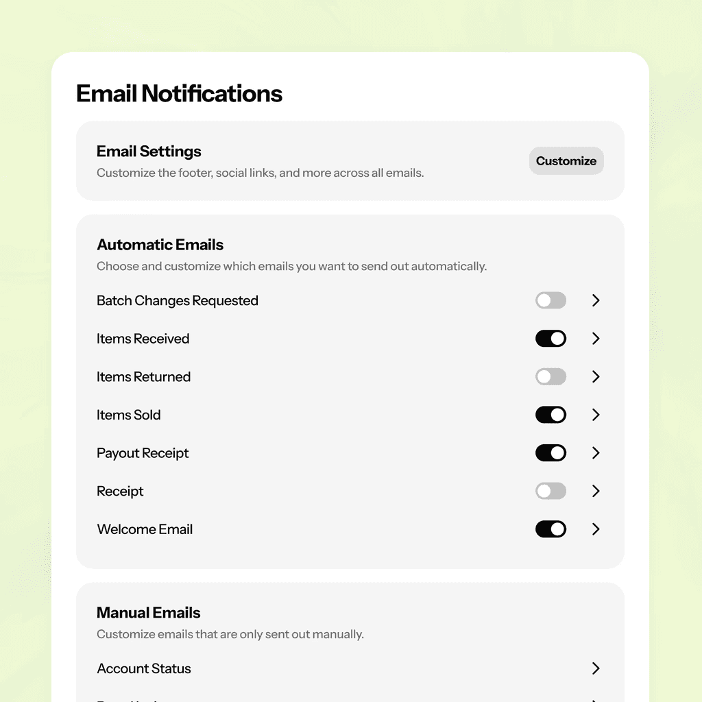 Screenshot of the ConsignCloud interface showing automatic email notification settings