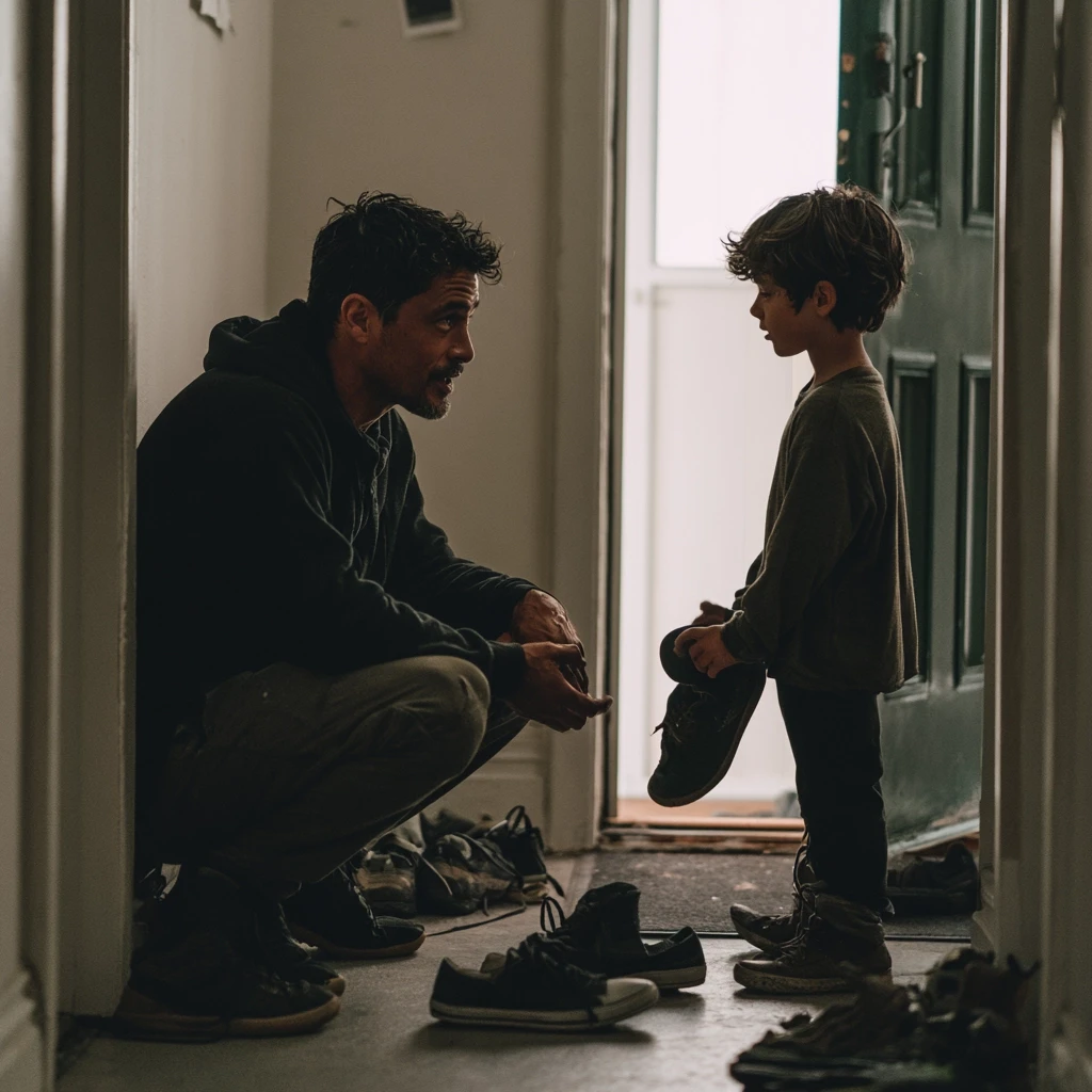 Father crouching to eye level with his young son in a hallway, shoes on the floor