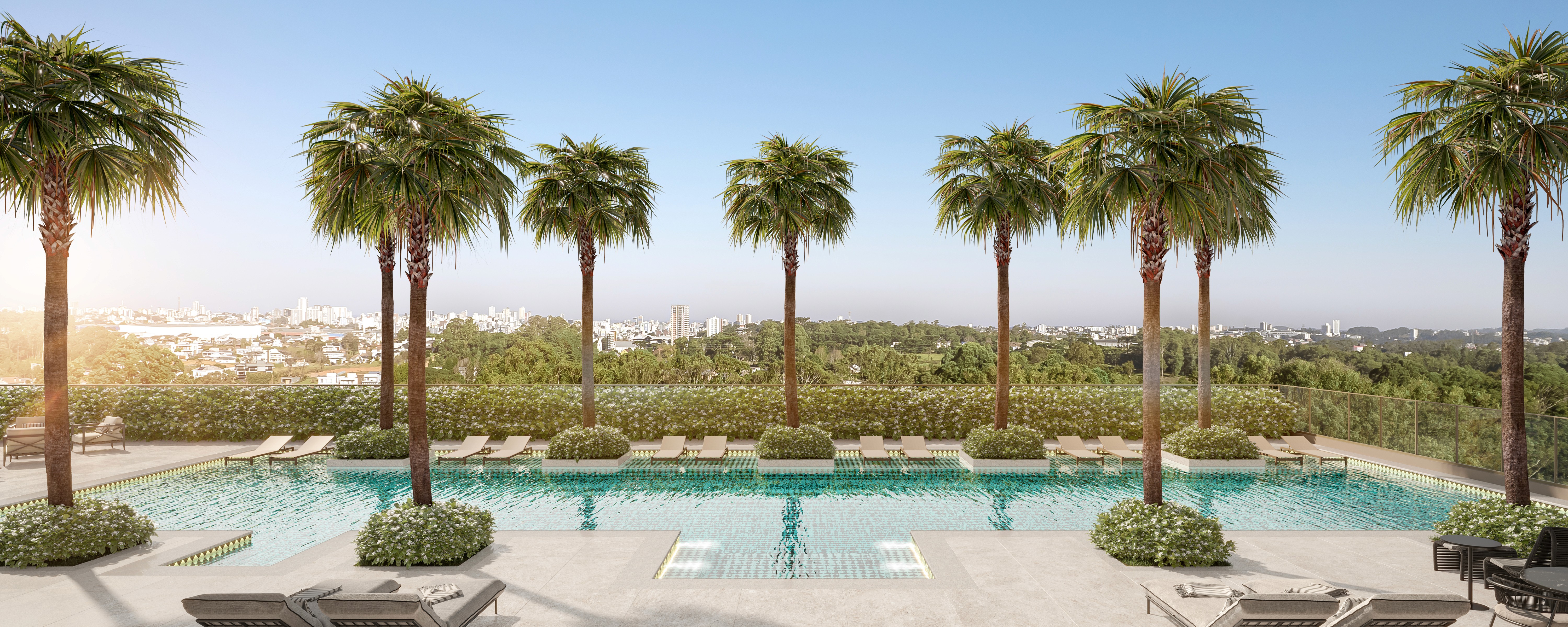 Curved modern skyscraper against a clear blue sky.