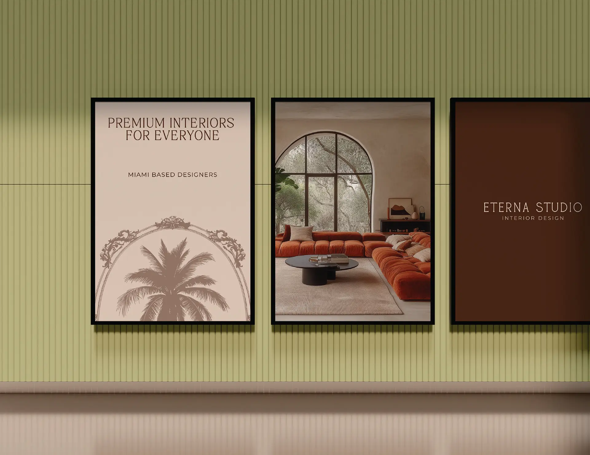 Outdoor advertising and poster design for Eterna Studio Miami interior design brand showing brand identity applied to billboard campaign