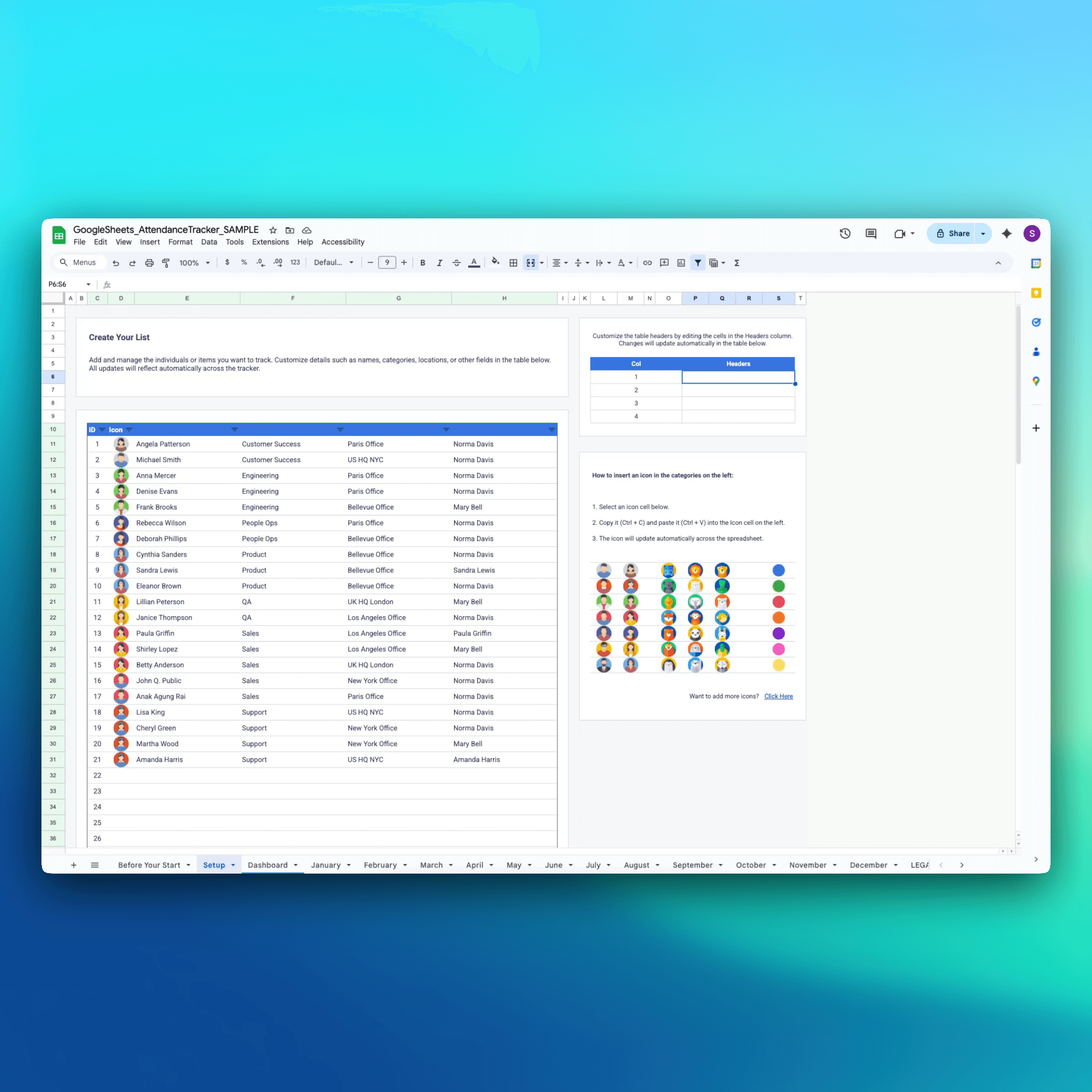 Attendance Tracker setup tab in Google Sheets – create and customize employee list with icons, names, departments, offices, and category headers for easy tracking