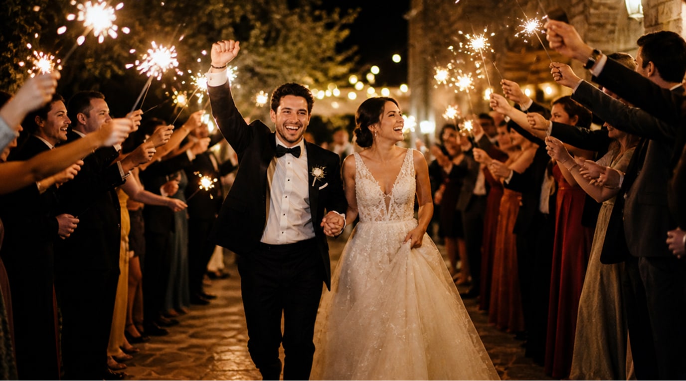 Sposi camminano tra invitati con scintille accese durante l’uscita serale, creando un momento festoso e condiviso dell’evento con Togevent