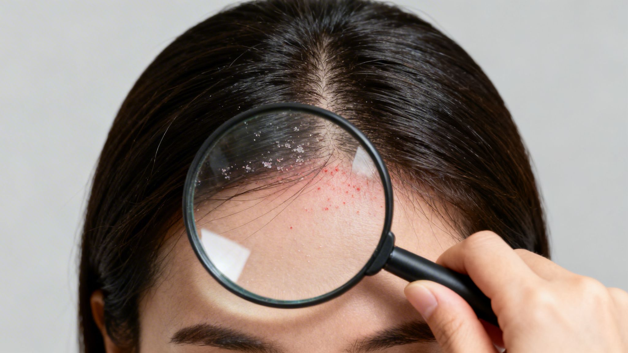 Magnifying glass examining a sensitive scalp with visible dandruff and red irritation.