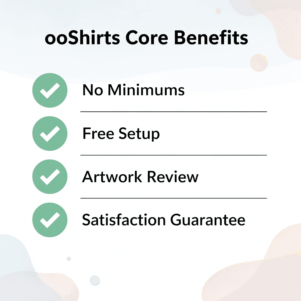 Checklist infographic showing ooShirts core benefits