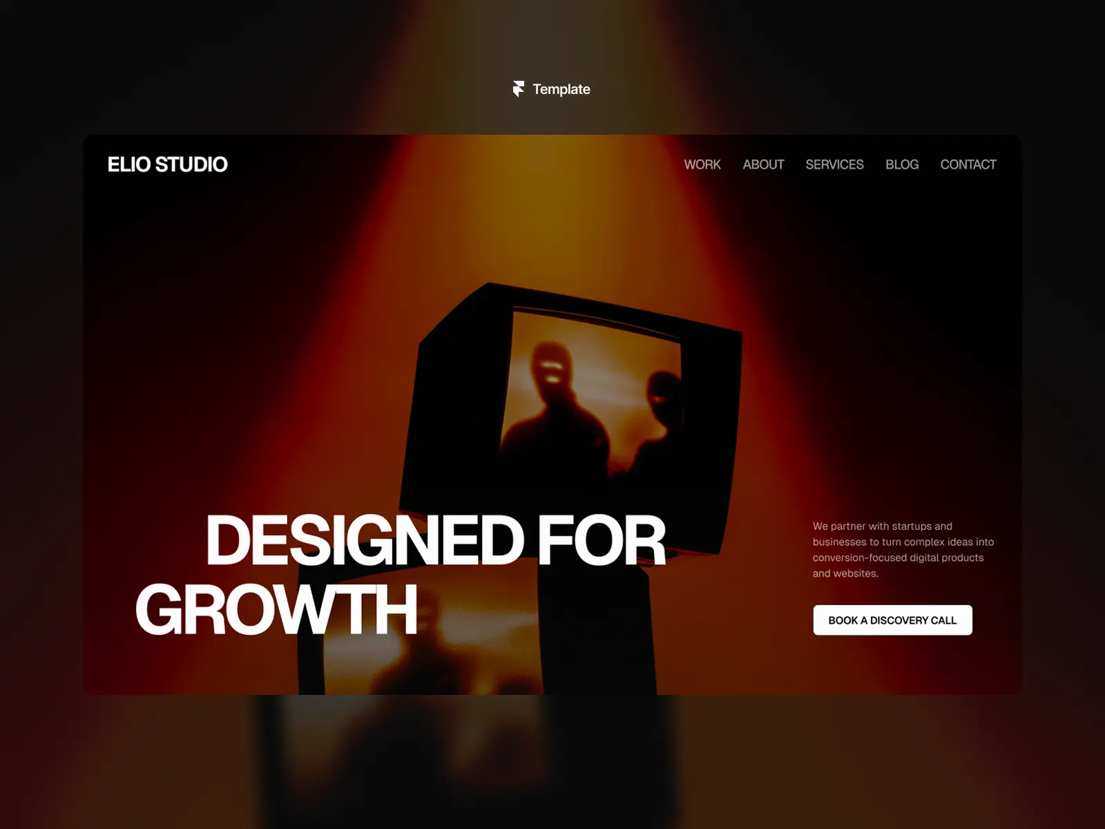 Elio Studio creative agency Framer template with a dark orange hero and bold Designed for Growth typography
