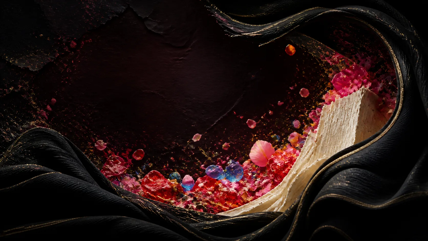 Abstract Marzelest Galaxy threshold formed from fabric folds, translucent color, petals, pigment, and manuscript pages.