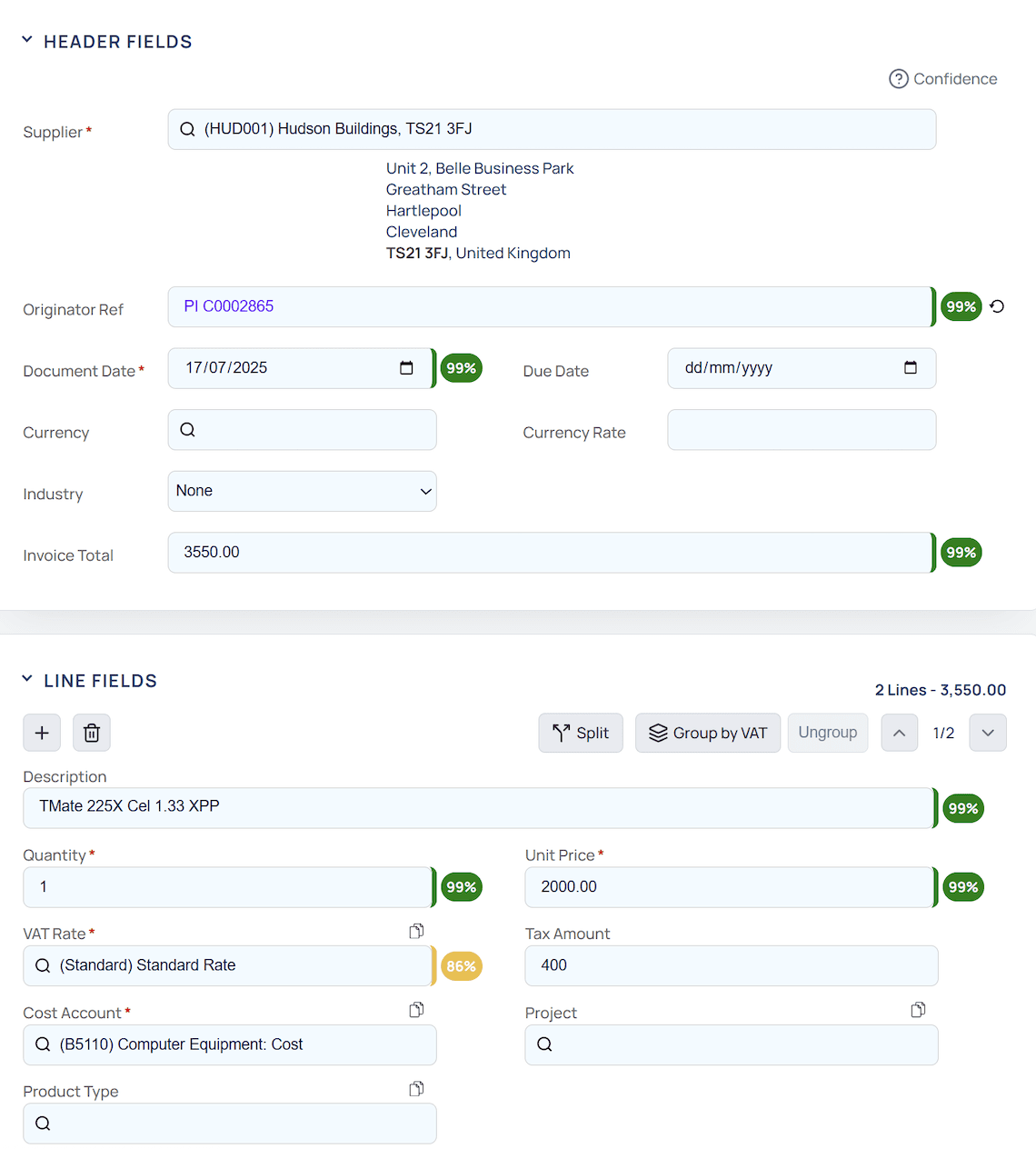 Aqilla E2D header and line fields with AI confidence scores