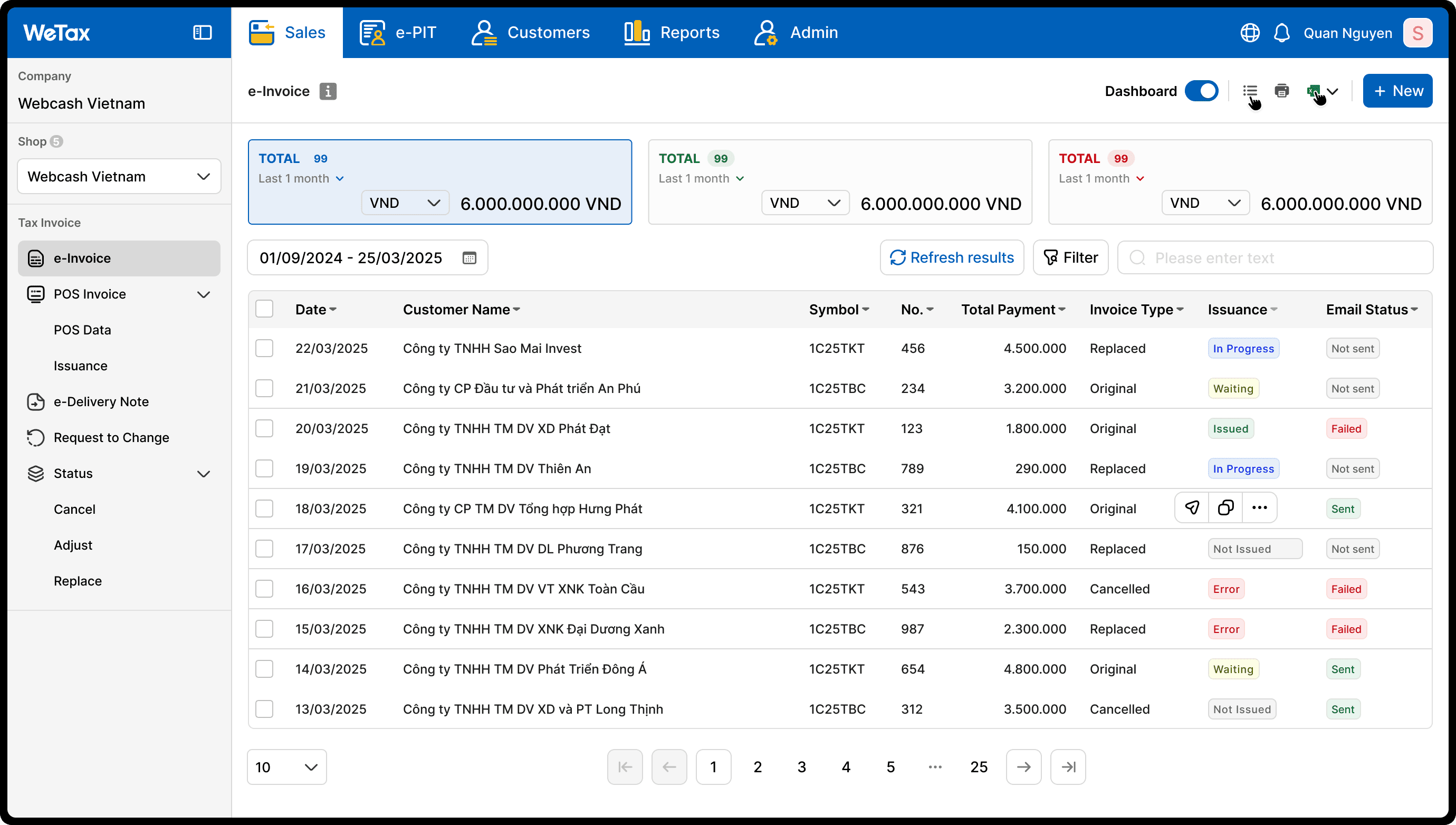 Màn hình mô tả phần mềm xuất hóa đơn điện tử WeTax