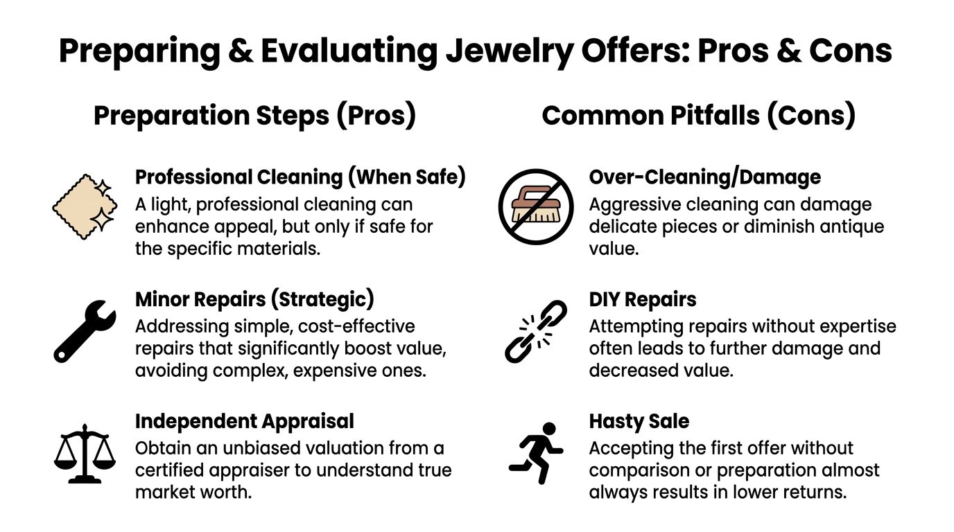 An infographic titled Preparing and Evaluating Jewelry Offers outlining pros and cons for selling jewelry.
