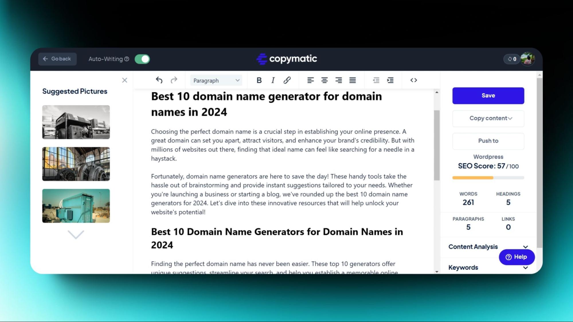 Screenshot of Copymatic tool showing a draft titled "Best 10 Domain Name Generators for 2024" with a live SEO score analysis on the side.