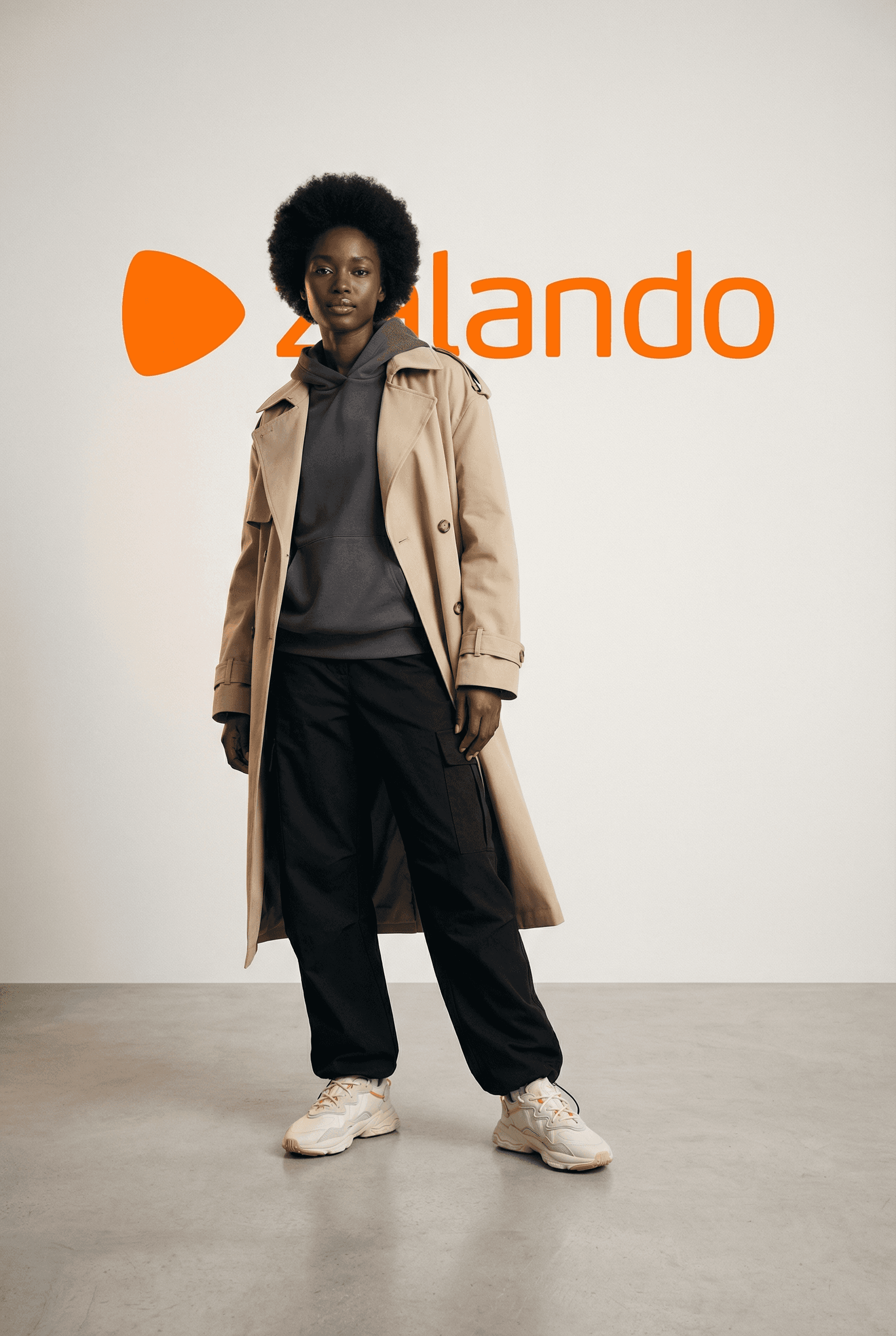 AI Influencer Schweiz: Model in beigem Mantel mit Zalando-Branding – AI-generiertes Fashion-Visual