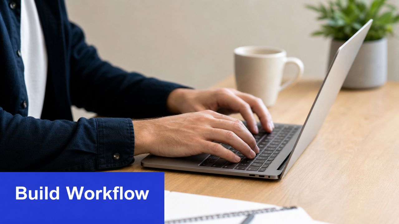 A person wearing a dark blue shirt typing on a laptop at a wooden desk.