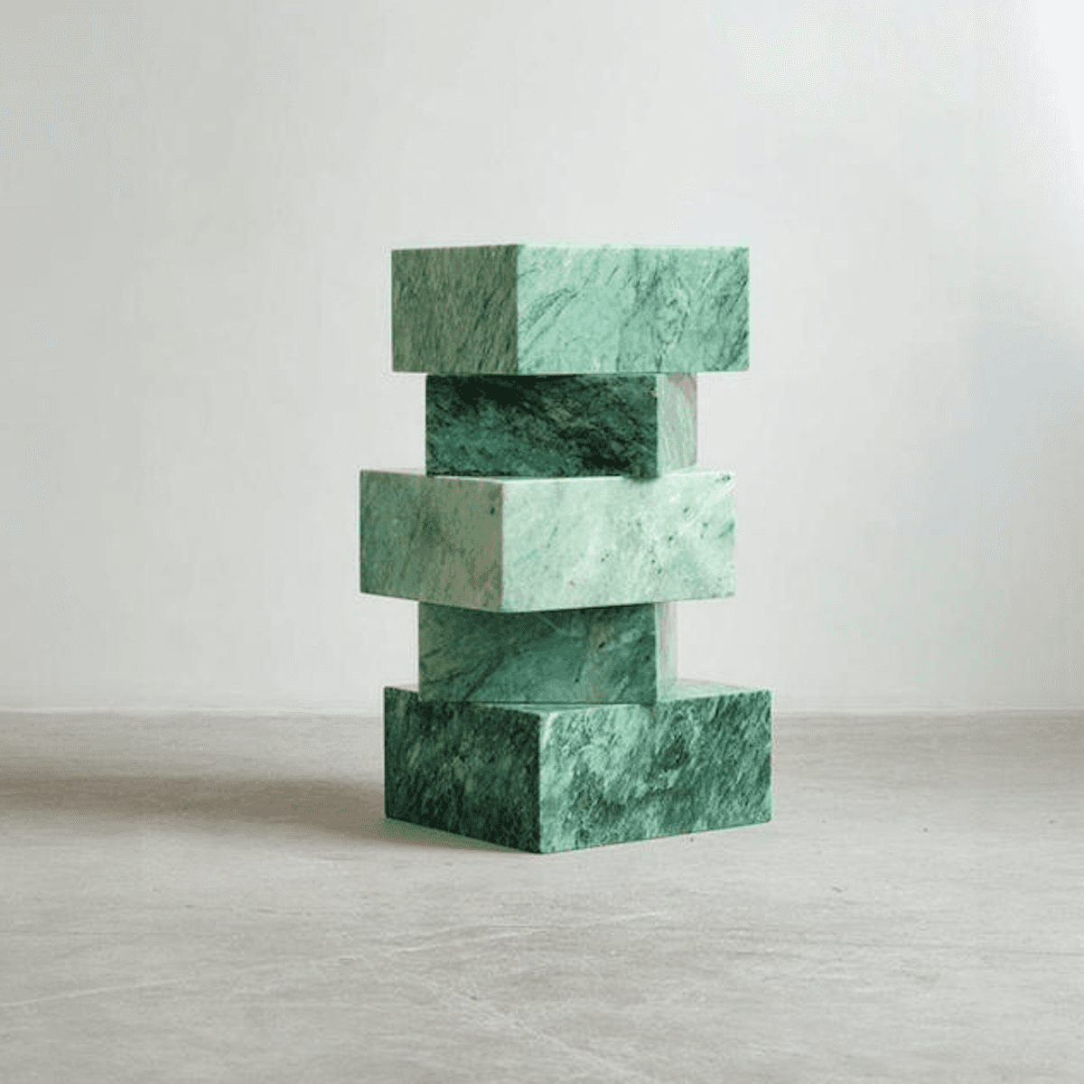 Abstract sculptural composition of stacked white spheres with fine linear texture, arranged vertically on a clean white background.