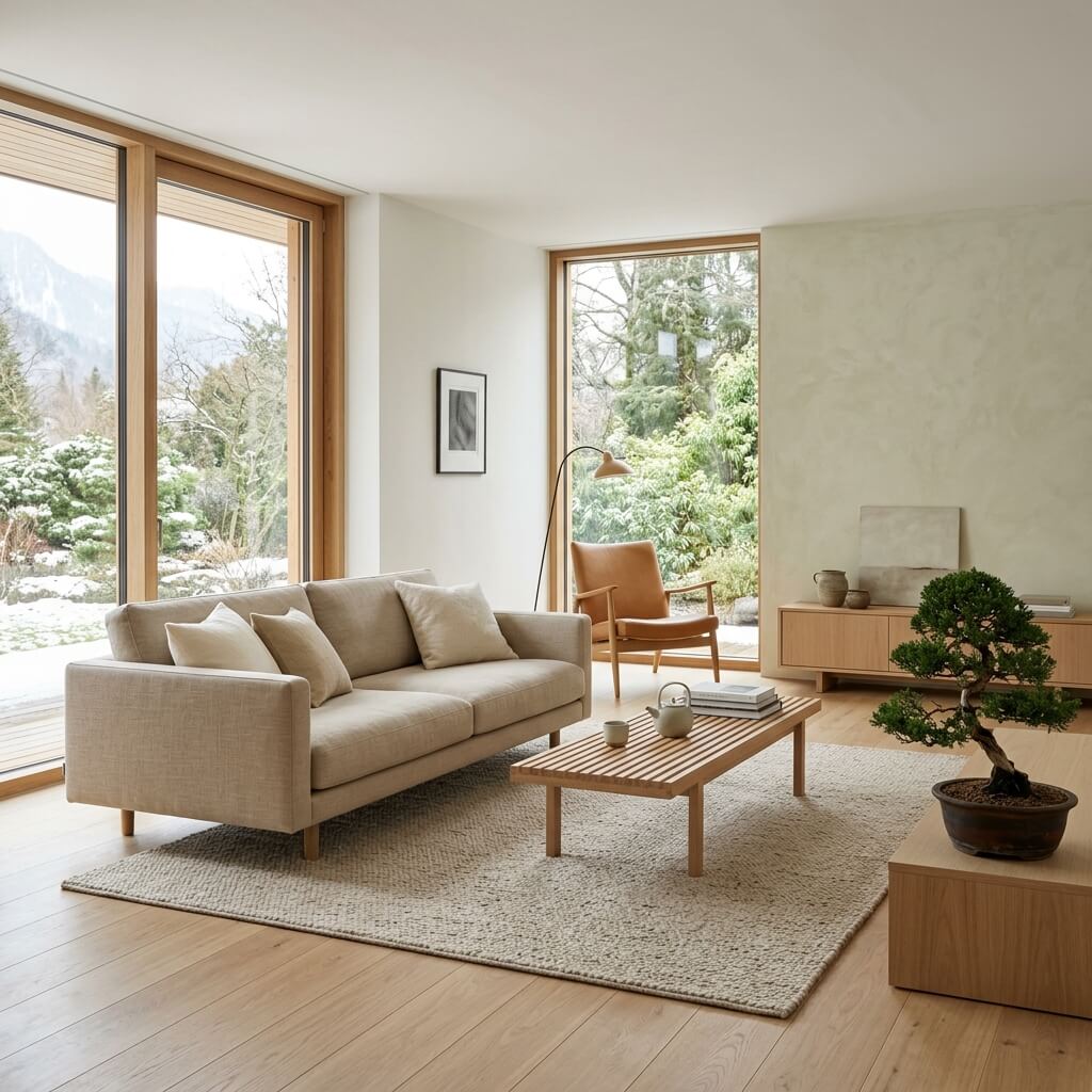 A minimalist living room combining Japanese functionalism with Scandinavian warmth, light oak wood furniture, beige linen sofa, a single Bonsai tree, floor-to-ceiling windows.