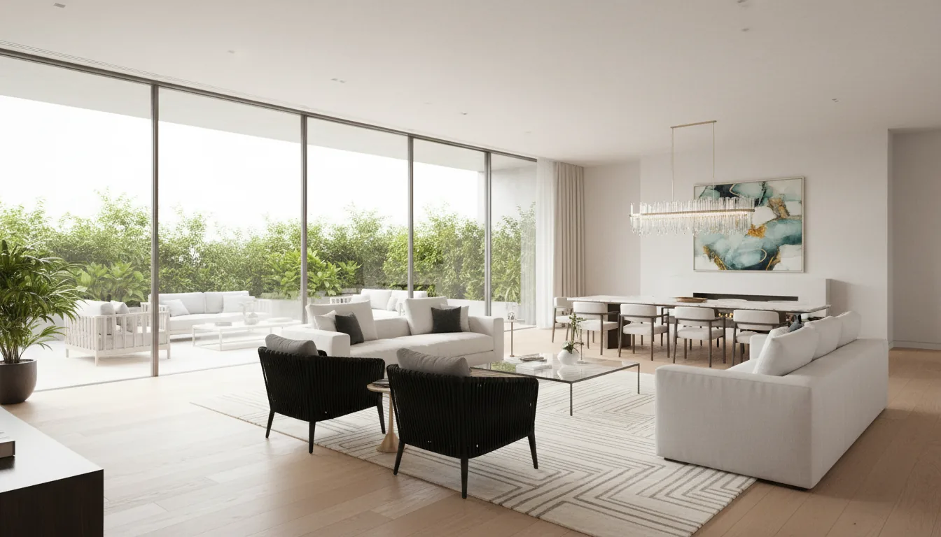 Photorealistic 3D architectural visualization of a modern, luxurious open-plan living room, V-Ray render style. The scene is illuminated by bright, diffused natural daylight from floor-to-ceiling glass sliding doors that open to a furnished outdoor patio with lush green plants. In the foreground, two black textured armchairs face two plush white sofas arranged around a glass coffee table on a light-colored area rug with linear patterns. A dining area with a modern chandelier is visible in the background. Wide-angle, eye-level perspective, hyper-realistic textures and materials.