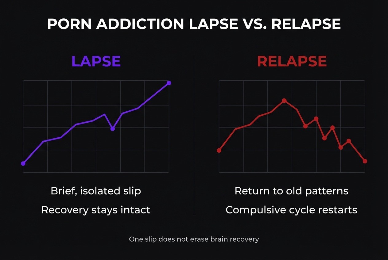 Comparison of lapse versus relapse showing a lapse as a brief isolated slip where porn addiction  recovery stays intact versus a relapse as a sustained return to old compulsive patterns