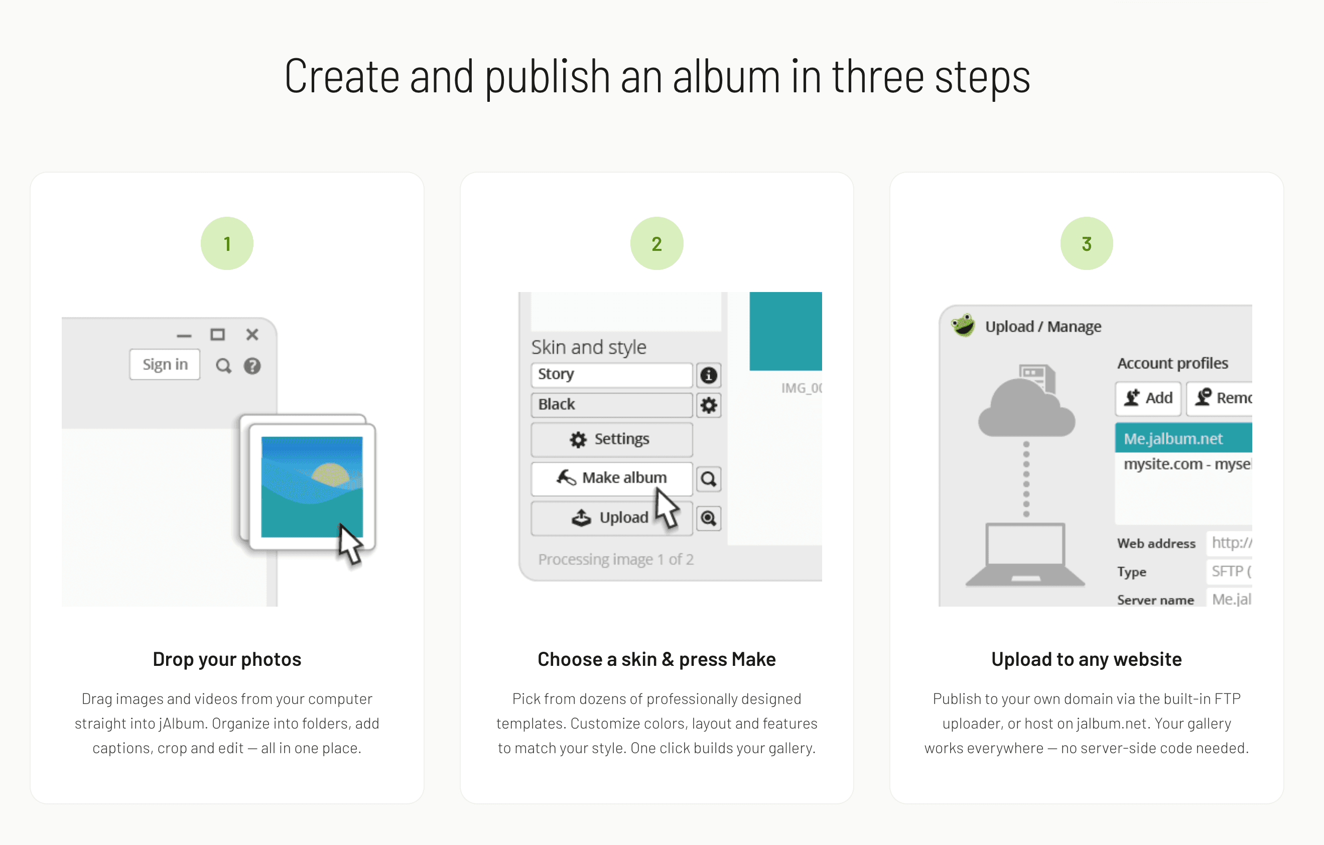 Three-step jAlbum workflow for creating and publishing searchable online photo galleries.