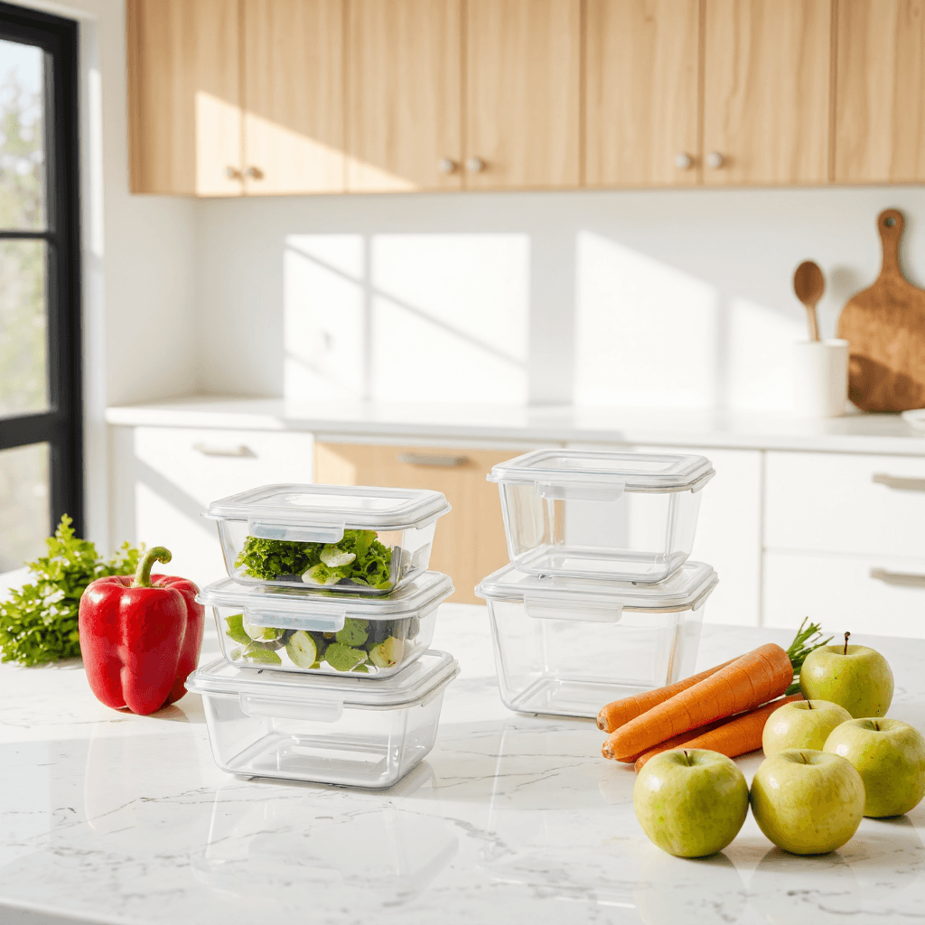 product photography of set of plastic food storage containers