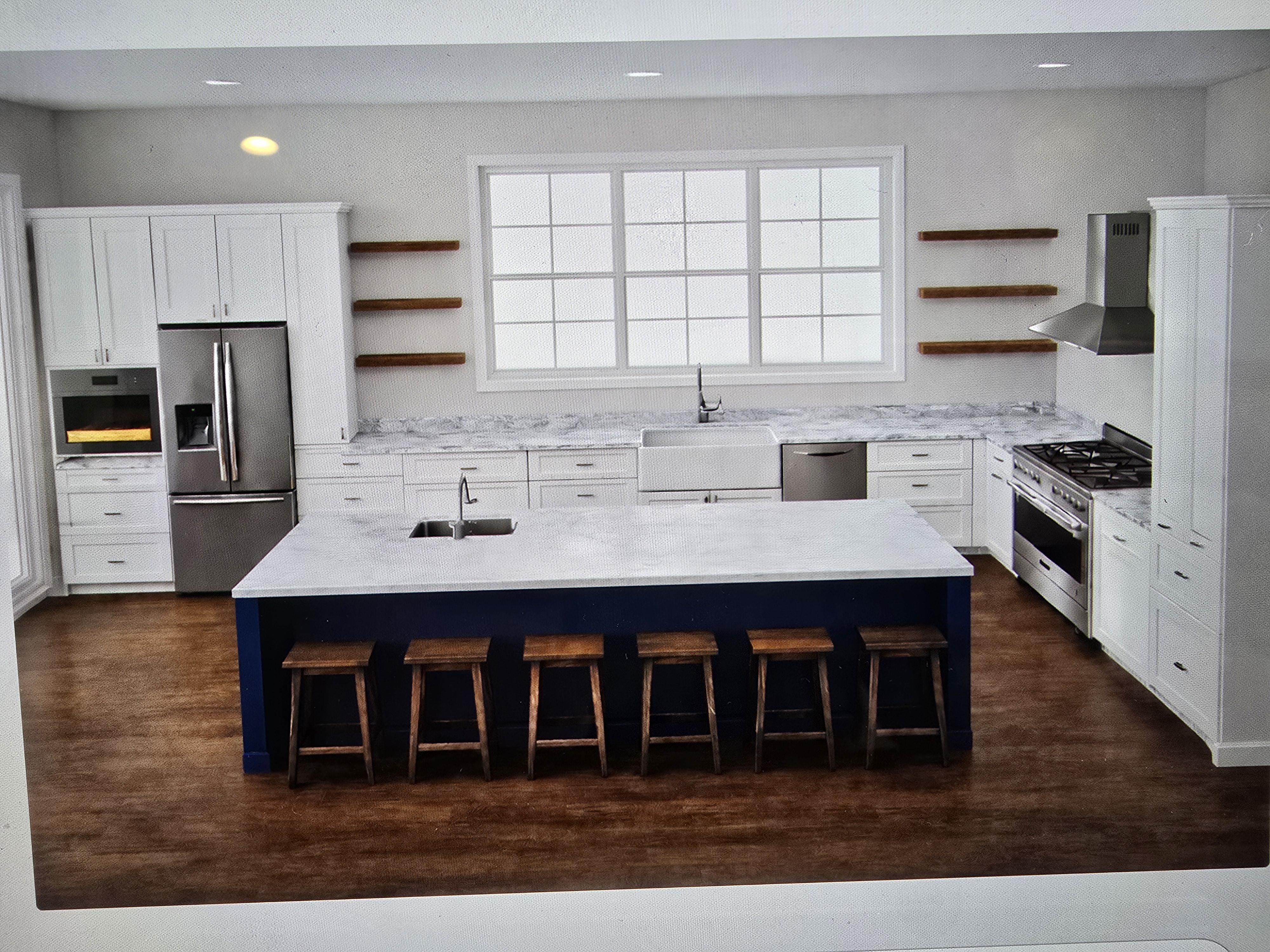 The original kitchen design with no upper cabinets, floating shelves, and navy island