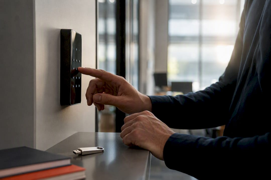 Hands securing software credentials on keypad