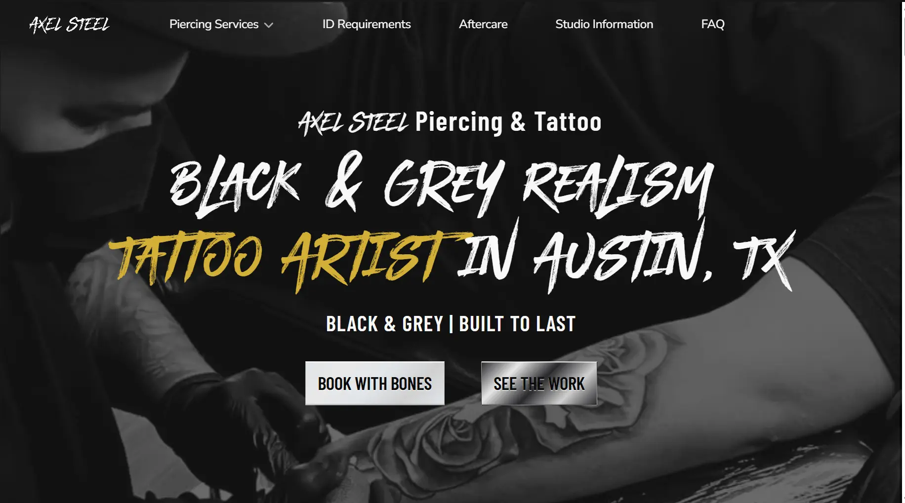 The image shows a tattoo artist in Bradenton, FLworking on a large, intricate black and grey realism tattoo on a person's arm, featured on a website for Axel Steel Piercing & Tattoo, with bold text promoting services and button options to book or view work.