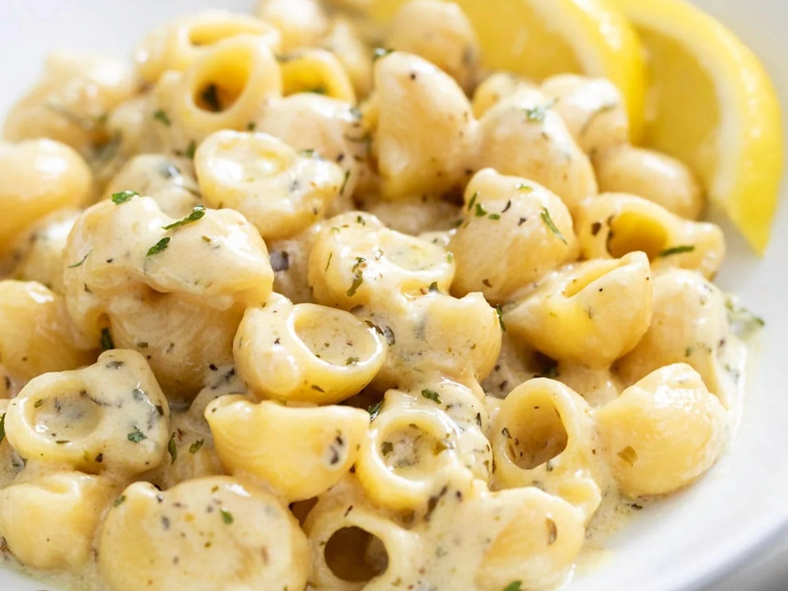 Small shell pasta in a creamy herb sauce on a white plate, with lemon wedges.
