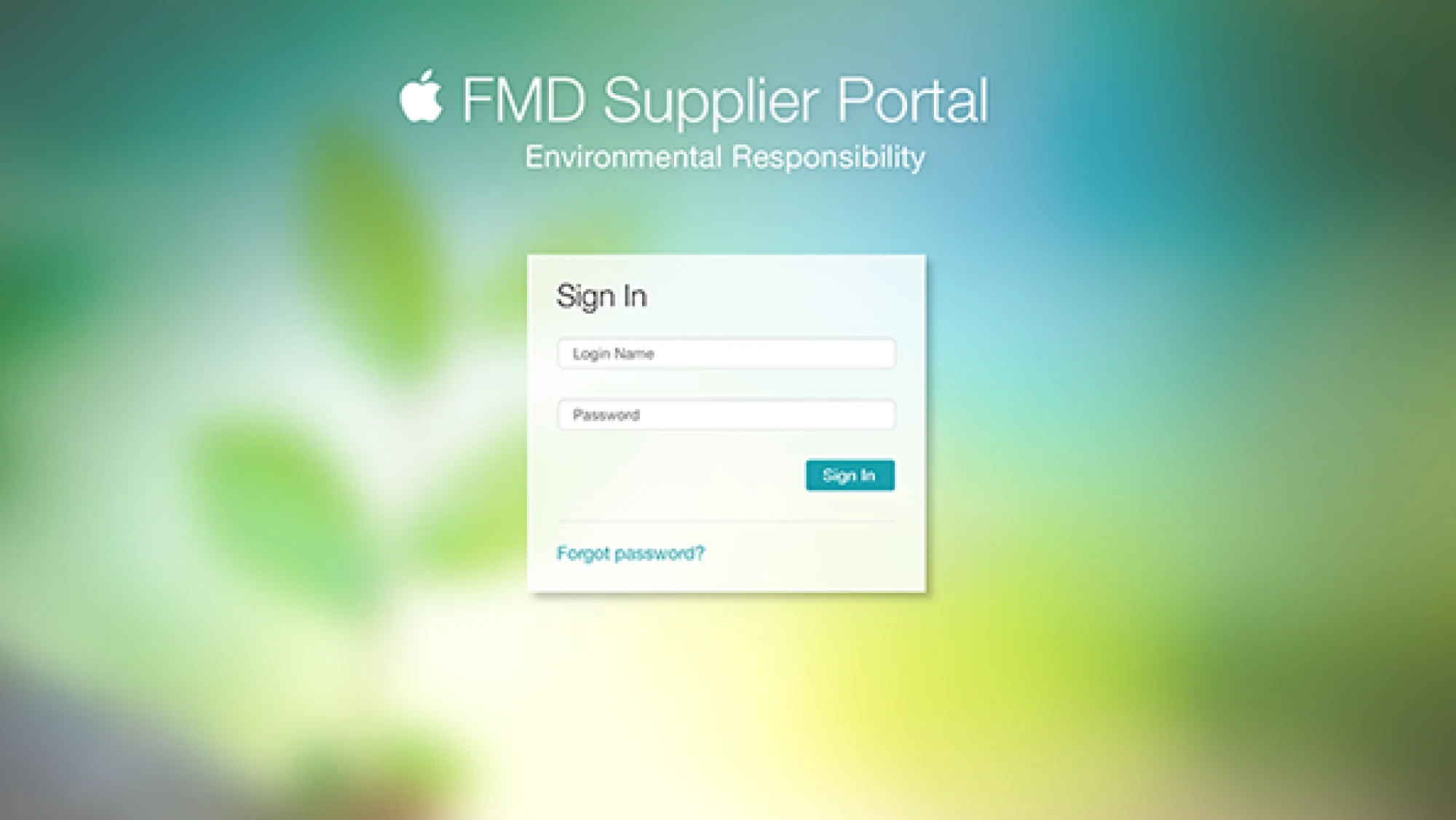 FMD Supplier Portal sign-in screen over a soft green environmental backdrop