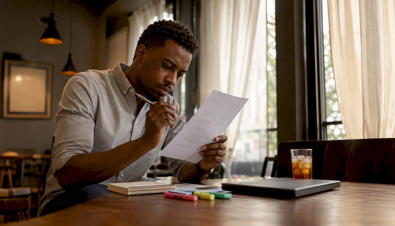 Man analyzing customer feedback printouts